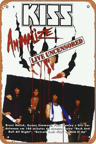 KISS - animalize Live Uncensored Movie A metal tin sign in vintage poster style measuring 12 by 8 inches that can be used as decorate for bar, office or garage wall : Amazon Product Link | CFF Radio